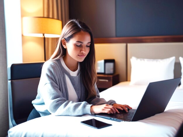 Una mujer rubia sonriente usando una computadora portátil en casa en el dormitorio