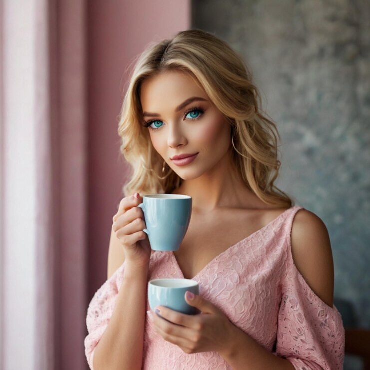 una mujer rubia sosteniendo una taza de té y una taza