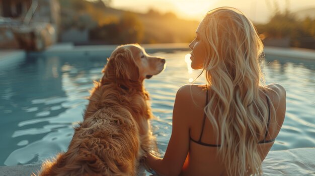 Una mujer rubia y su golden retriever disfrutando de la puesta de sol junto a la piscina