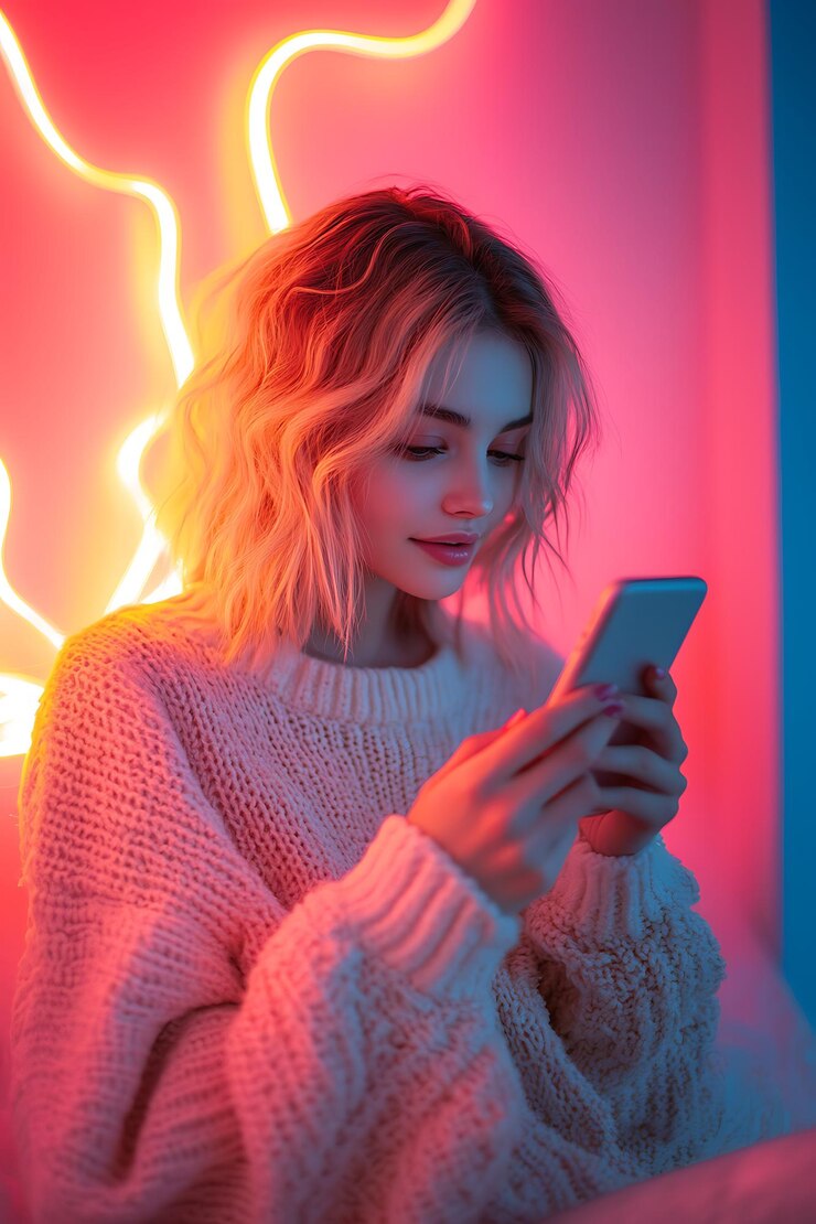 mujer rubia en suéter mirando el teléfono celular en la habitación de neón
