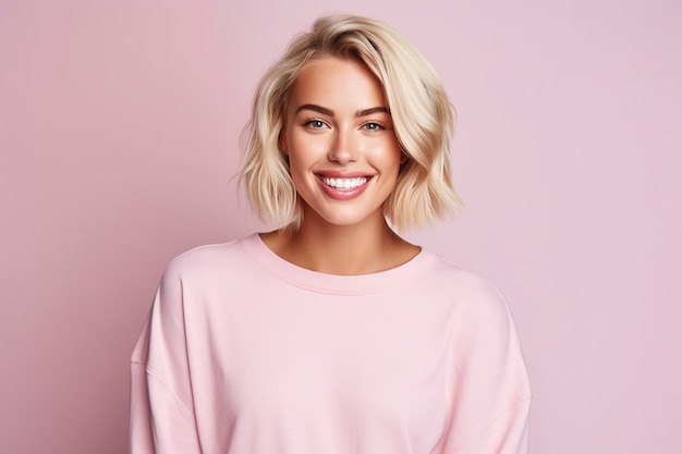 Una mujer rubia con un suéter rosa sonríe a la cámara.