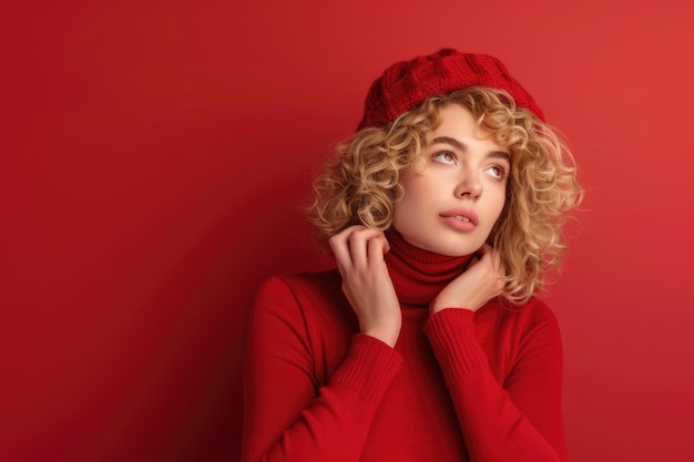 Mujer rubia en traje rojo de invierno sobre fondo rojo