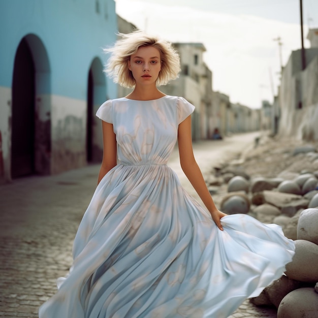 Mujer rubia en traje de verano disfrutando de las vacaciones