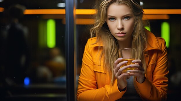 Una mujer rubia con un vaso de whisky