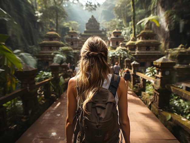 Mujer rubia viajera caminando al destino de turismo rural en Bali Indonesia
