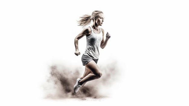 Foto mujer runner en el inicio aislado fondo blanco.