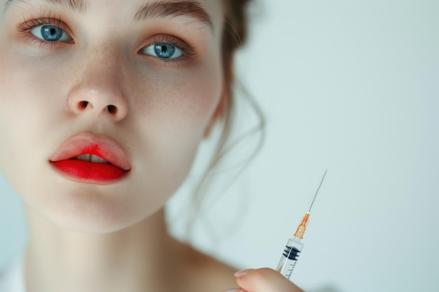 Mujer rusa sostiene una jeringa cerca del labio Promoción de estudio de belleza con fondo blanco Procedimiento de aumento de labios Toma un primer plano de la cara con llamativos ojos azules labios rojos vibrantes