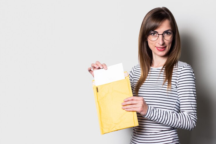 Foto mujer saca una carta o aviso de un sobre de papel sobre un fondo claro