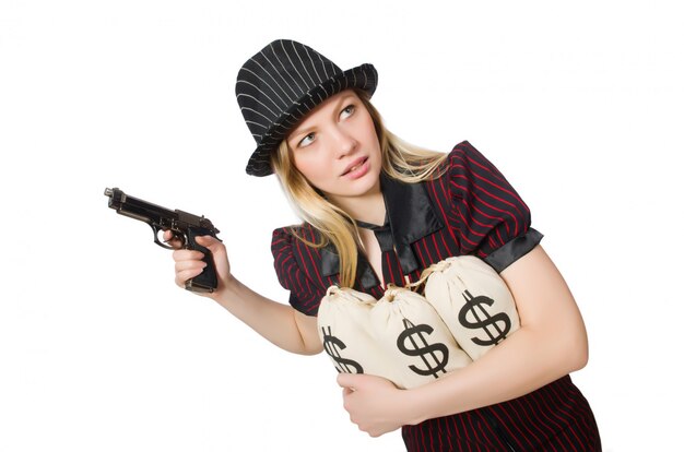 Foto mujer con sacos de dinero en blanco