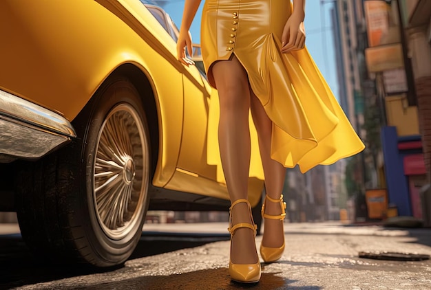 una mujer sale a la calle con un zapato amarillo