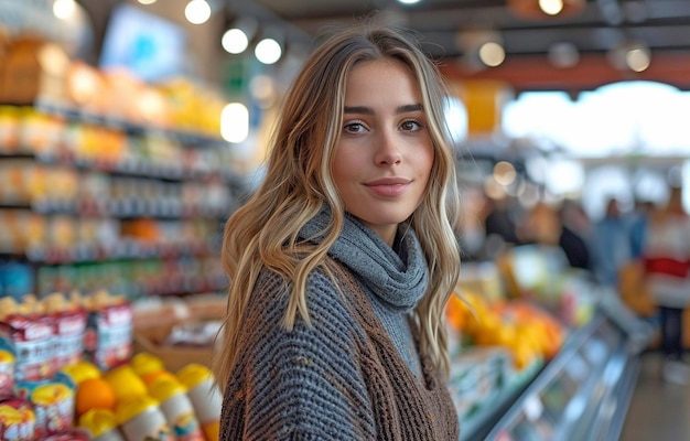 una mujer saliendo de una tienda de supermercadoxA