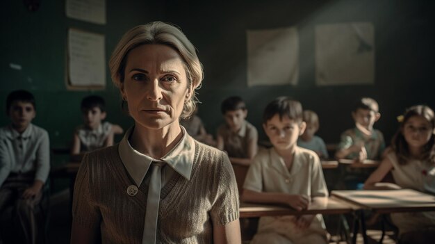 Una mujer en un salón de clases con un niño al fondo.