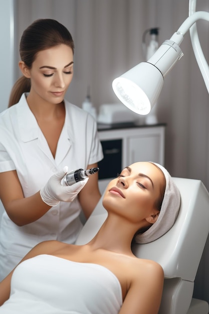 Foto mujer en un salón de spa trabajando con la piel facial ia generativa