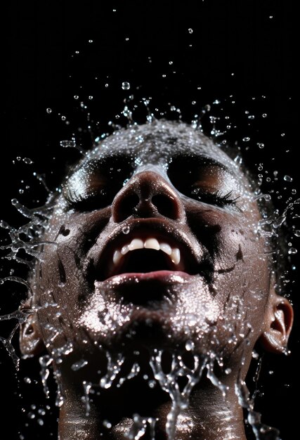 Foto una mujer se está salpicando de agua en la cara.