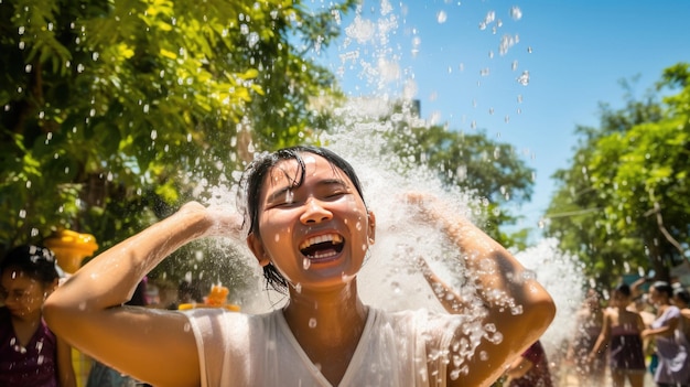 una mujer salpicando agua en un parque con la boca abierta.