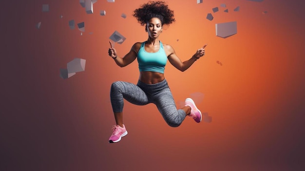 una mujer saltando en el aire con muchos libros volando en el air