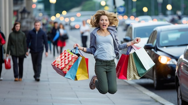 Mujer saltando mientras sostiene sus bolsas de compras