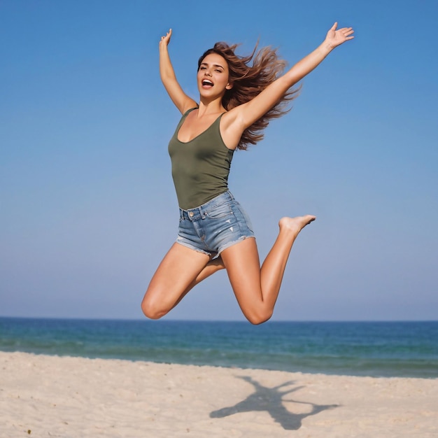 Mujer saltando en la playa