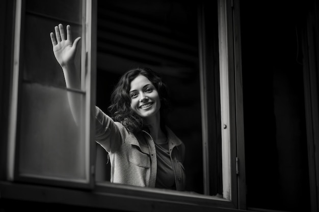 Mujer saludando desde su ventana Ai generativa