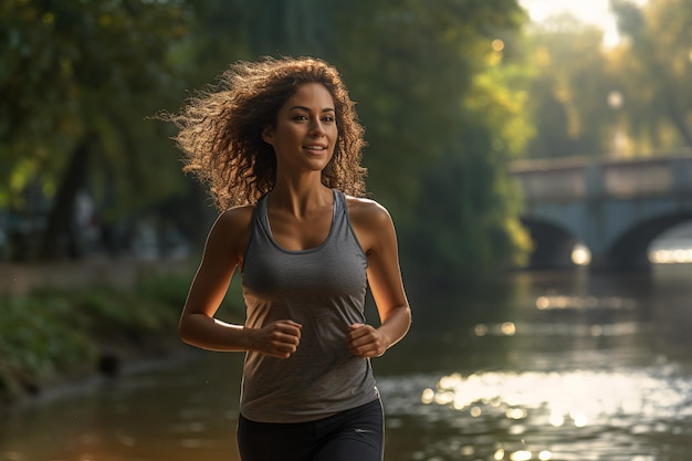 Mujer sana corriendo a la orilla del río durante el día