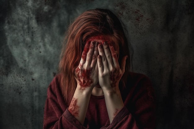 Una mujer con sangre en la cara se cubre la cara con las manos.