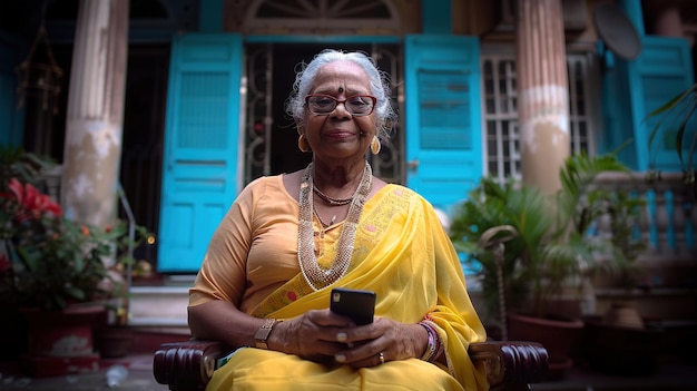 Una mujer con un sari amarillo está sentada en una silla y sostiene un teléfono celular