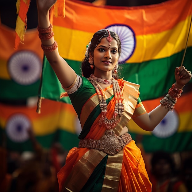 una mujer con sari de bandera haciendo presentaciones culturales del Día de la Independencia IA generativa