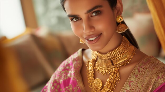 una mujer con un sari y un collar de oro