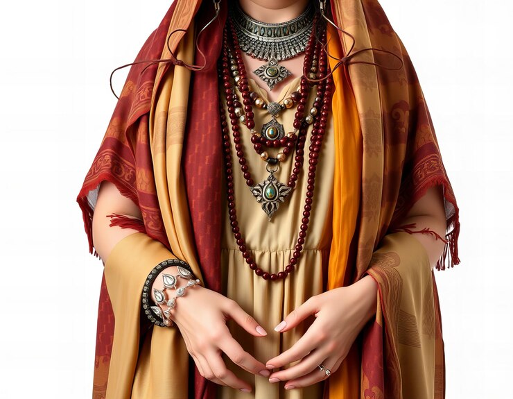 Foto una mujer con un sari con un collar y pulseras