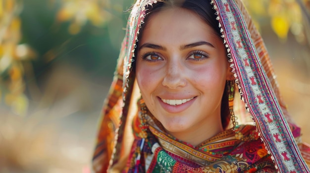 una mujer con un sari colorido con la palabra en él