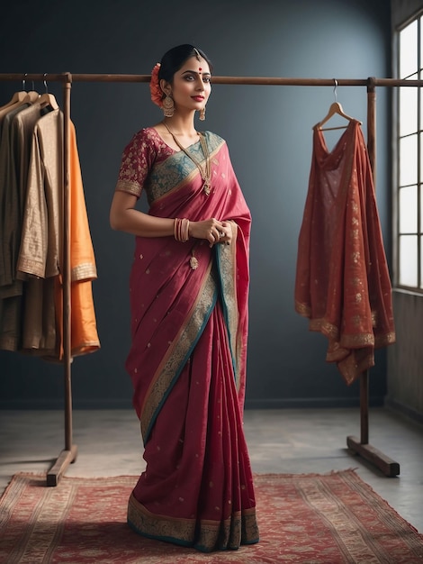 Una mujer con un sari está de pie y modelando con un estante de ropa detrás de ella
