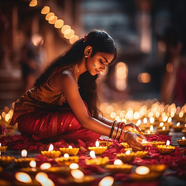 Una mujer en sari iluminando el festival de Diyas Diwali