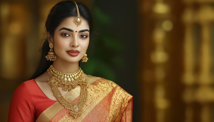 una mujer en un sari con joyas de oro
