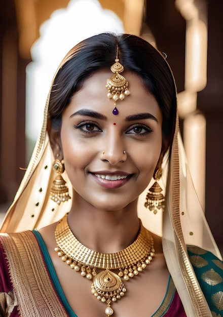 una mujer con un sari con pendientes de oro