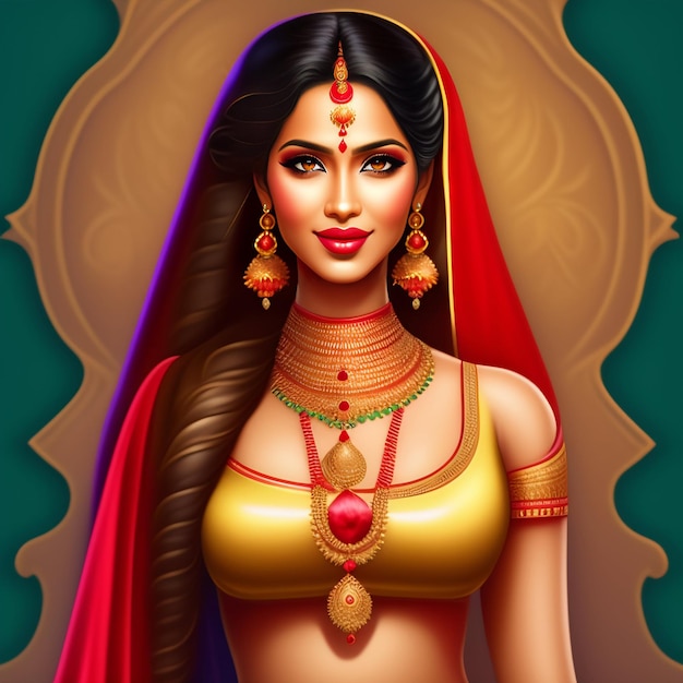 Una mujer con un sari rojo y joyas de oro mira a la cámara.