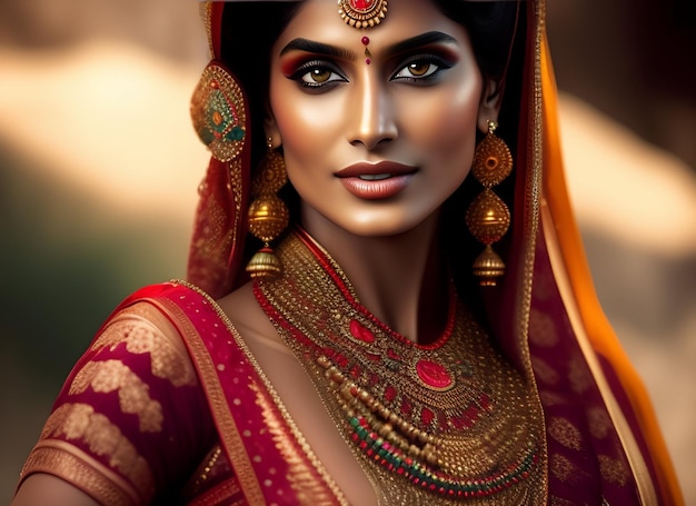 Una mujer con un sari rojo y joyas de oro.