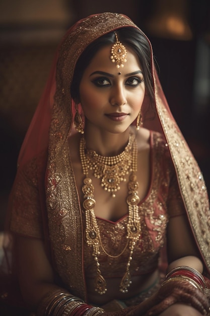 Una mujer en un sari rojo con joyas de oro.