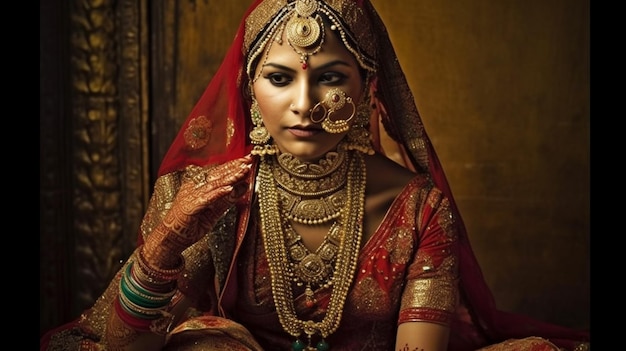 Foto una mujer con un sari rojo se sienta en un estudio.