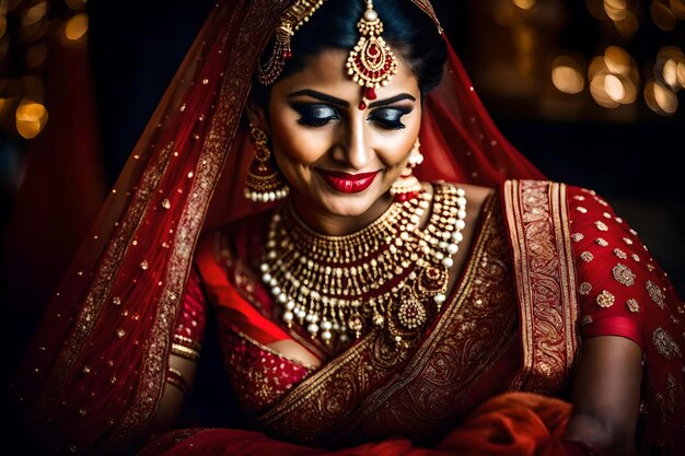 Una mujer con un sari rojo con una sonrisa en la cara.