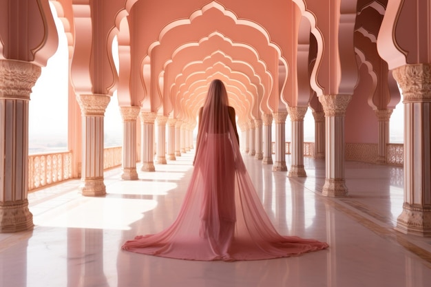 Mujer en sari rosa dentro del Taj Mahal India