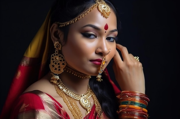 Una mujer en un sari con un sari rojo y aretes de oro.