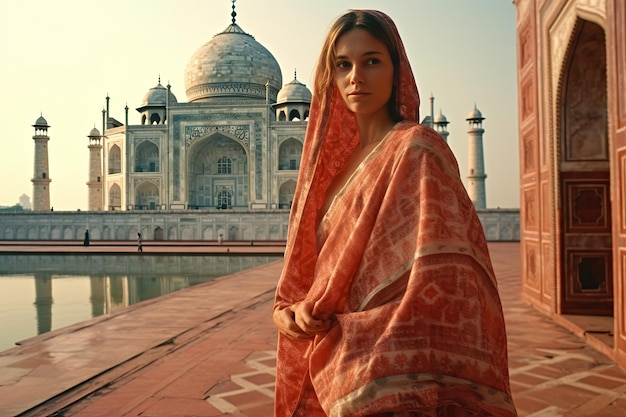 Mujer en sari en Taj Mahal