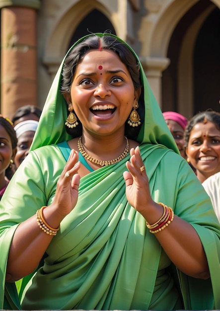una mujer con un sari verde