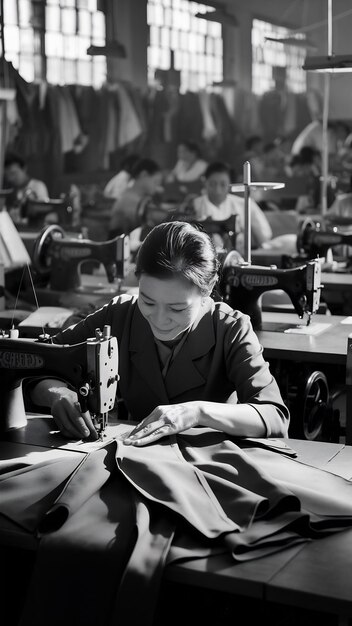 Foto mujer sastre trabajando en la fábrica de costura