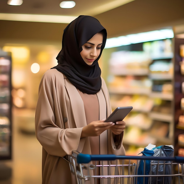 Foto una mujer saudí haciendo compras en el centro comercial sosteniendo una tableta