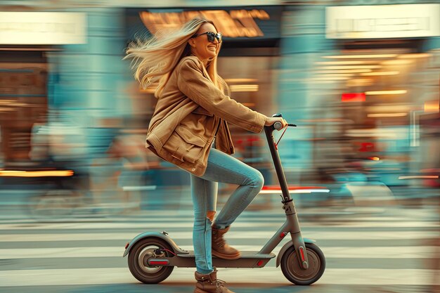 Foto una mujer en un scooter eléctrico en una ciudad moderna
