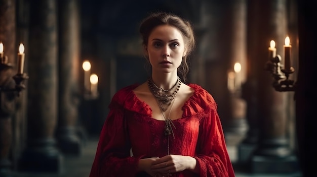 Mujer sedienta de sangre con un vestido rojo interior medieval IA generativa