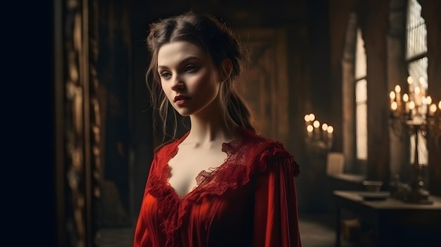 Mujer sedienta de sangre con un vestido rojo interior medieval IA generativa