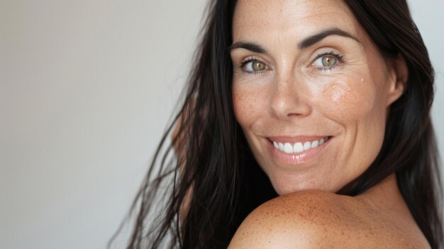 Mujer segura con una cálida sonrisa disfrutando del resplandor de la luz natural