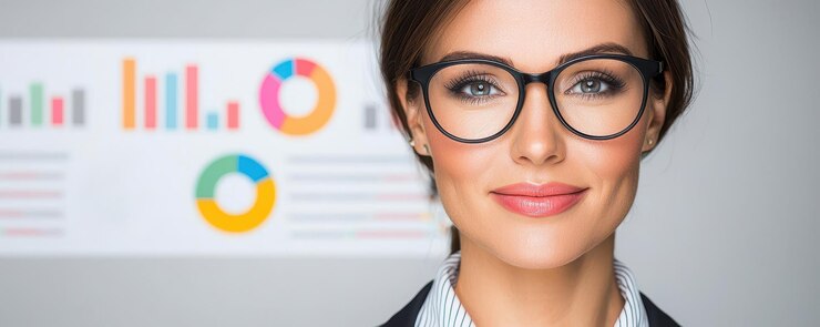 Mujer segura con gafas sonriendo con gráficos y gráficos en el fondo En un entorno profesional que muestra habilidades analíticas y perspicacia empresarial